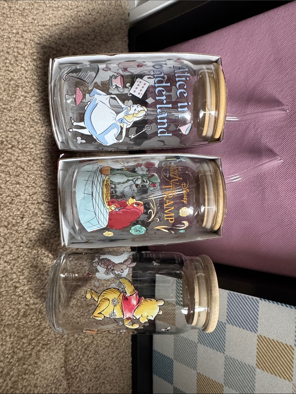 Set of 3 Disney glass tumblers with wooden lid & glass straw.